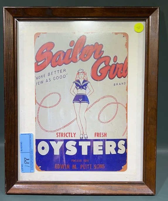 FRAMED TIN OYSTER SIGN: 12-1/2" x 15-1/2"