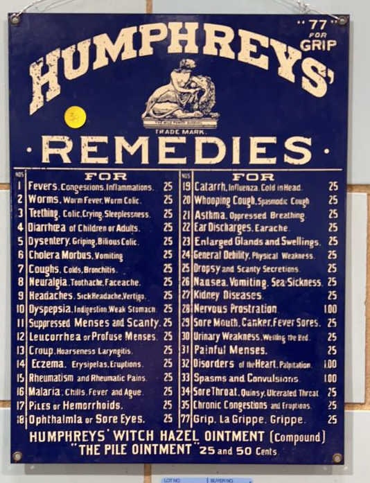 HUMPHREY'S REMEDIES METAL SIGN: 12" x 16"