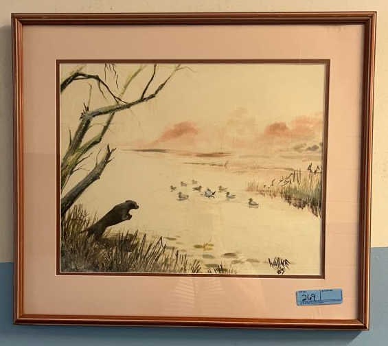 WATERCOLOR OF A DOG & DUCKS SIGNED WALLACE 83': 27" X 23"