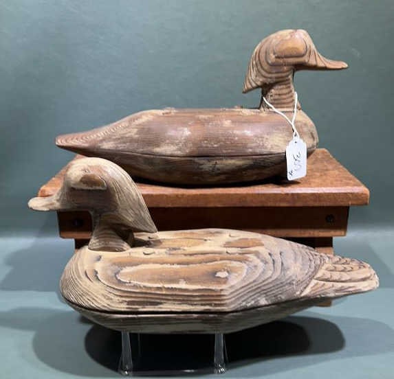 UNKNOWN WOOD DUCKS BRANDED "BRR": W/ PEGGED CONSTRUCTION- 13" LONG