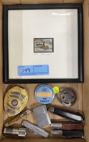 BOX LOT OF JOHN TAYLOR DUCK STAMP, POCKET KNIVES,