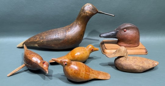 5 VARIOUS CARVED BIRDS & 1 DECOY HEAD
