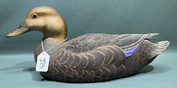 DECORATIVE CARVED BLACK DUCK BRANDED "AW"