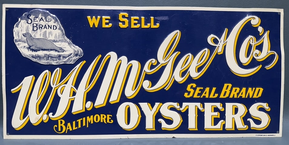 1990'S W.H. MCGEE OYSTER SIGN & NO GUNNING SIGN: 15" X 7