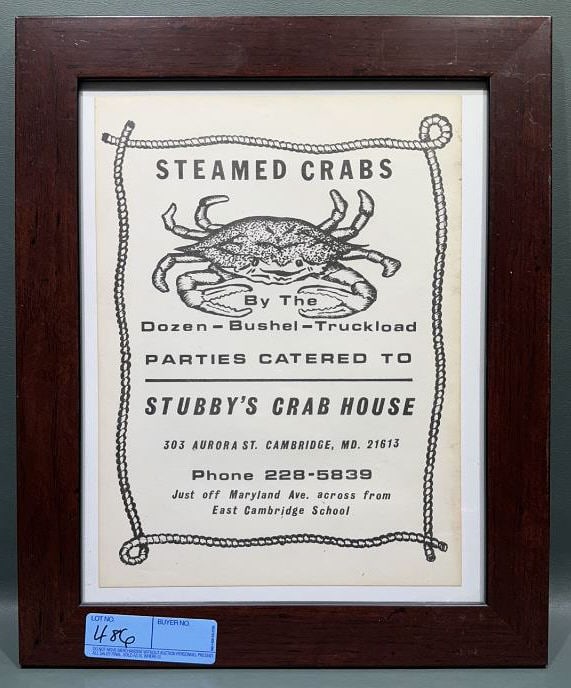 "STUBBY'S CRAB HOUSE" FRAMED ADVERTISING POSTER: 17" X 14"