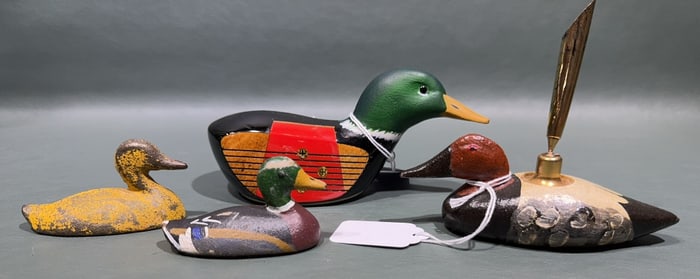 3 MINIATURE CAST IRON DECOYS & GOLF CLUB DECOY