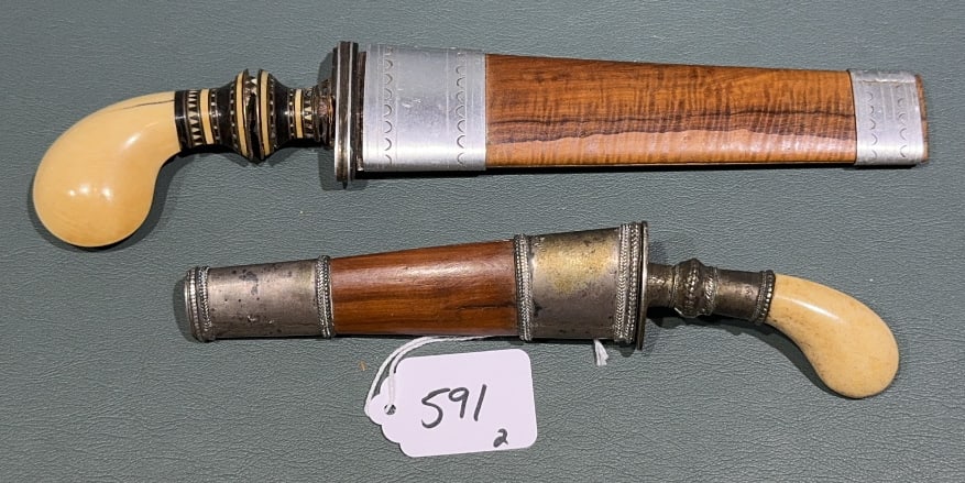 2 ANTIQUE BONE HANDLED DAGGERS W. SHEATHS: LARGEST IS 10" LONG