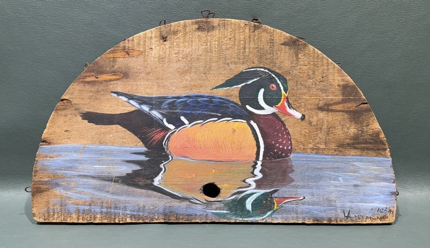 WOOD DUCK PAINTING ON BUSHELL BASKET BASE: SIGNED & DATED - 14" X 8?