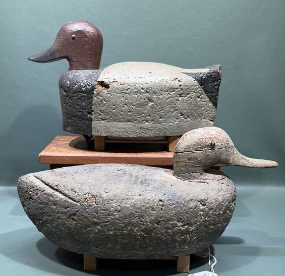2 SUSQUEHANNA RIVER CORK DECOYS: 16" - BLACK DUCK IS RUSSUL MOORE W/ BIGLER HEAD