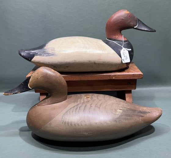 PAIR OF MADISON MITCHELL "UP THE RIVER" CANVASBACK: 17-1/2" DRAKE HAS SHAVED BOTTOM, HEN DRILL FOR LAMP