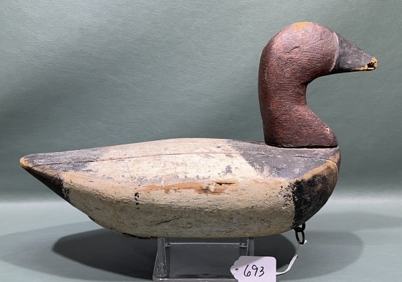 EARLY UPPER BAY CANVASBACK DRAKE BRANDED "JSH": 14" LONG ~ LOSS TO BILL