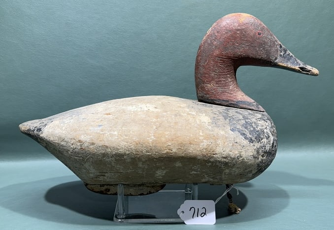 ANTIQUE HOLLY CANVASBACK DECOY W/ WORKING REPAINT: OLD WORKING REHEAD ~ 14" LONG