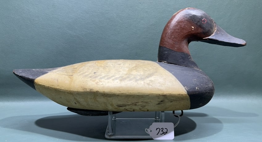 CAPT JOHN GLENN CANVASBACK IN ORIGINAL PAINT: BRANDED "KK" FOR KEN KIRBY ~ 15 3/4" LONG