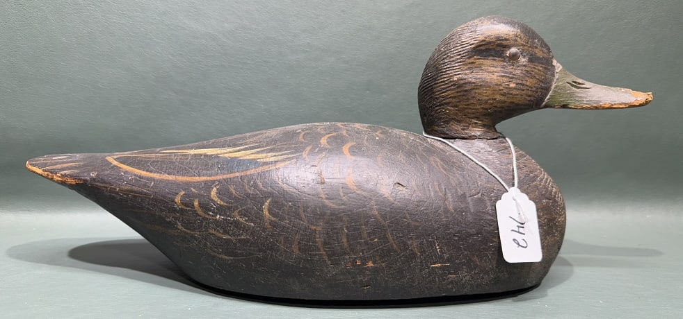ELMER CROWELL BLACK DUCK DECOY: HEAD IS LOOSE & SHOWS SOME WEAR BUT IN OVERALL GOOD CONDITION ~ 16" LONG