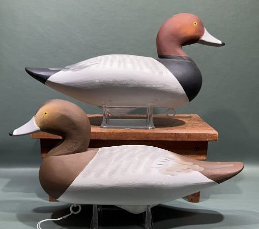 PAIR OF CHARLIE JOINER RED HEAD DECOYS: SIGNED & DATED 2003 ~ 15 1/2" LONG