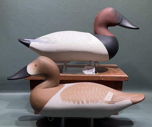 PAIR CHARLIE BRYAN CANVASBACKS IN ORIGINAL PAINT: SIGNED & DATED 1988 ~ 16 1/2" LONG