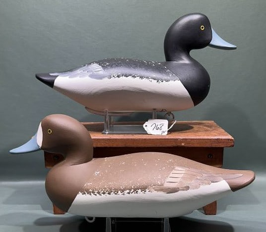 PAIR CHARLIE BRYAN BLUE BILL DECOYS: SIGNED & DATED 1990 ~ 15" LONG