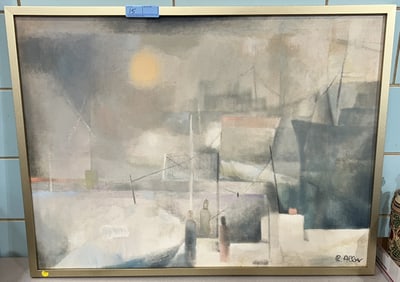 FRAMED ROSE ALBER OIL ON CANVAS OF A HARBOR SCENE