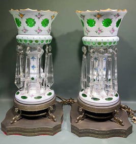 PAIR OF BOHEMIAN CUT TO GREEN MANTEL LUSTRE LAMPS