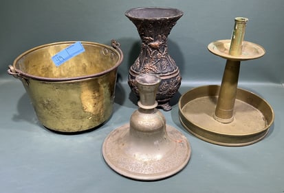 BRASS BUCKET, CANDLESTICK & ANTIQUE LAMP LOT