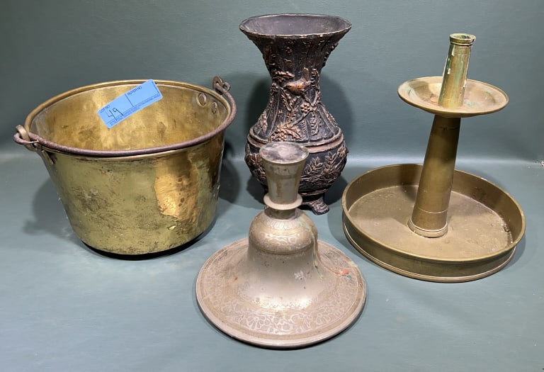BRASS BUCKET, CANDLESTICK & ANTIQUE LAMP LOT (1 of 6)