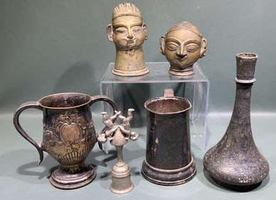 EARLY ANTIQUE SILVER PLATE & BRASS HEADS LOT