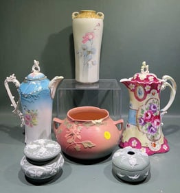 HANDPAINTED CHOCOLATE POTS, VASES, & ROSEVILLE