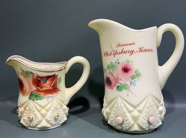 2 LARGE SOUVENIR CUSTARD GLASS PITCHERS