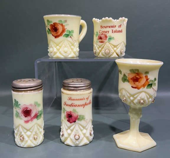 5 PIECES OF SOUVENIR CUSTARD GLASS: 4" TALL
