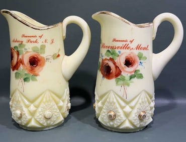 2 LARGE SOUVENIR CUSTARD GLASS PITCHERS