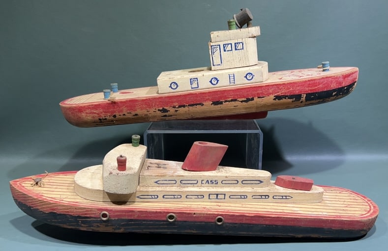 2 VINTAGE WOODEN BOAT TOYS: 16" LONG