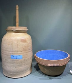 STONEWARE BUTTER CHURN & HANDLED BOWL