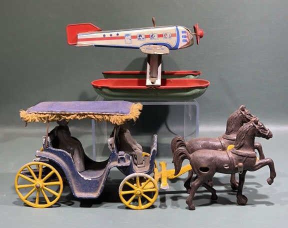 TIN FLOAT TOY, IRON WAGON, & HORSE TOY: 11" LONG LARGEST