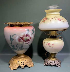 2 ANTIQUE HANDPAINTED OIL LAMPS
