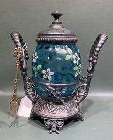 ANTIQUE BLUE GLASS & PAINT DECORATED PICKLE CASTER