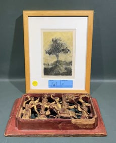 HANDMADE QUILT, FRAMED MONOTYPE & CARVED PLAQUE