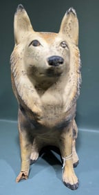 VINTAGE WOODEN FLOAT & CERAMIC DOG FIGURE