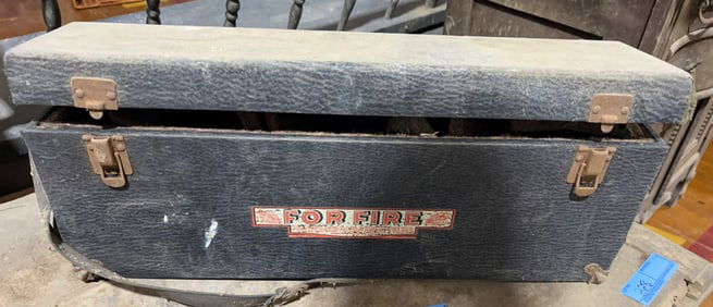 ANTIQUE FIRE EXTINGUISHER BOX & EXTINGUISHERS