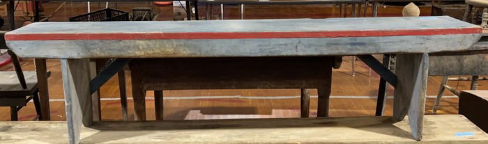 ANTIQUE BLUE/RED PAINTED COUNTRY BENCH