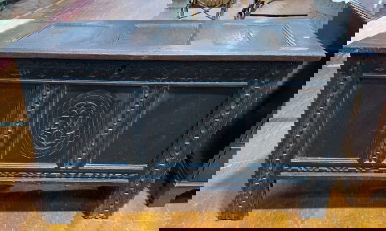 ANTIQUE CONTINENTAL COFFER W/ "EW" CARVED IN (1 of 6)