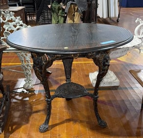 ANTIQUE CAST IRON BASE OAK PUB TABLE