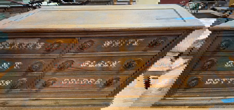 ANTIQUE CLARKS OAK COUNTER TOP SPOOL CABINET (1 of 6)