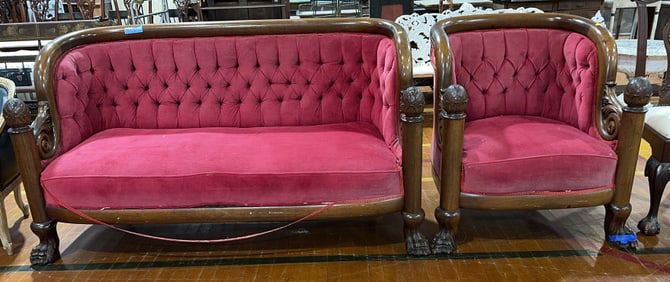 QUALITY CARVED SOLID WALNUT SOFA & CHAIR