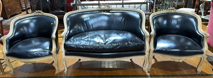 3 PIECE FRENCH CARVED PARLOR SET IN LEATHER