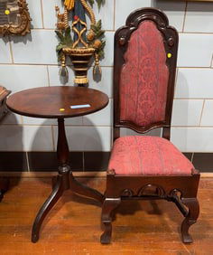 ANTIQUE CANDLE STAND & WALNUT SIDE CHAIR