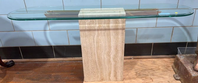 MARBLE TRAVERTINE BASE SOFA TABLE W/ GLASS TOP