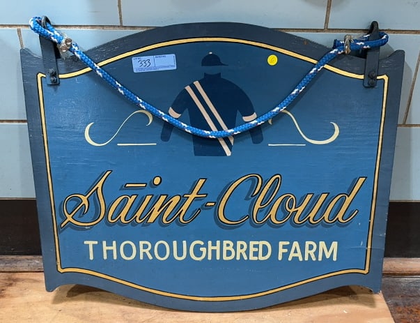 "SAINT CLOUD THOROUGHBRED FARM" WOODEN SIGN: DOUBLE SIDED - 30" X 25"