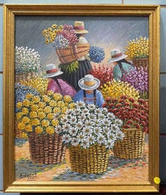 AMBURA 2001 OIL ON CANVAS OF FLOWER BASKETS & GIRL