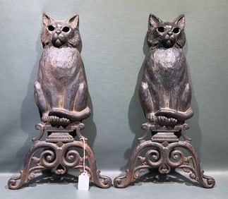 PAIR OF CAST IRON CAT ANDIRONS
