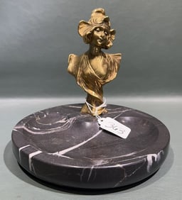 MARBLE & BRASS ASHTRAY W/ WOMAN'S BUST